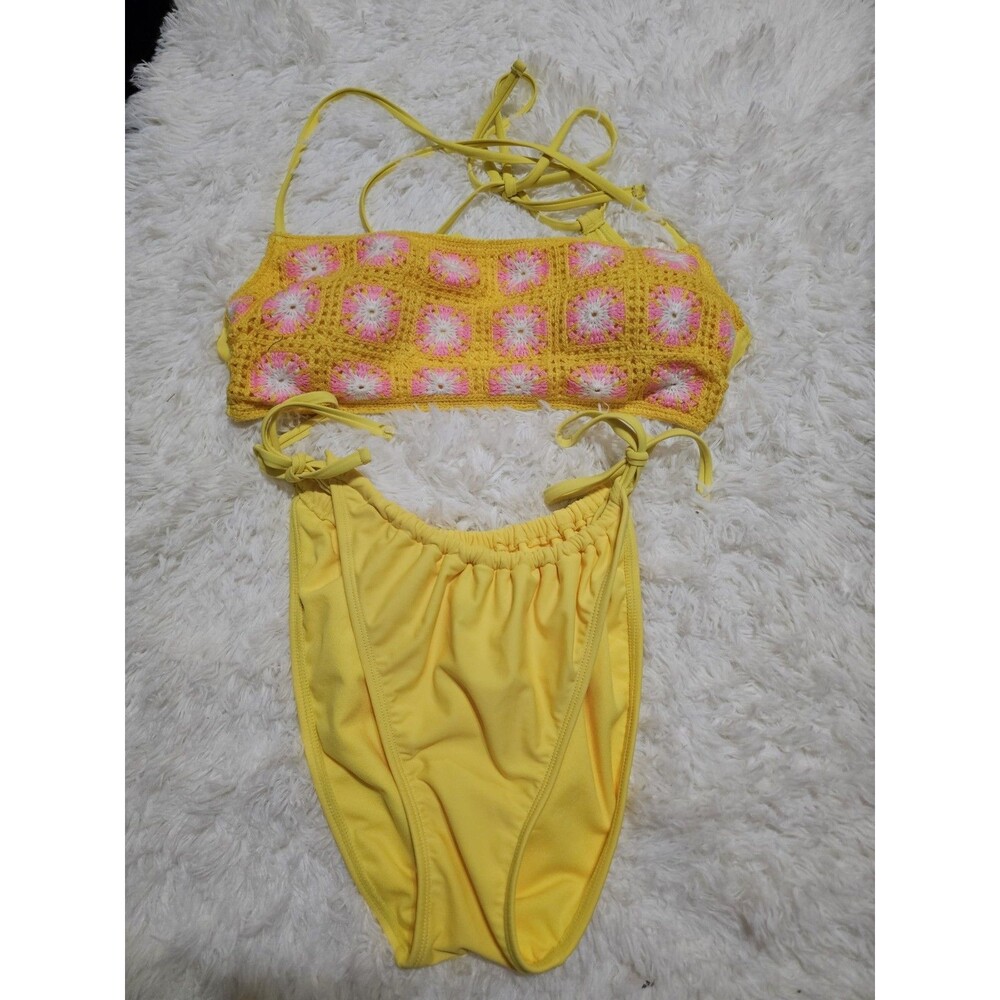 Wild Fable  Womens Bikini Set  Top Bandeau Crochet Yellow & Pink  Size XL - Picture 6 of 10